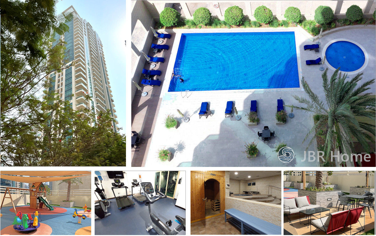 photo collage of facilities in Royal Oceanic Tower Dubai, showing views of Royal Oceanic Tower from Le Royal Meridien, our swimming pool, barbeque zone, fitness and gym rooms, sauna and children playgroud 